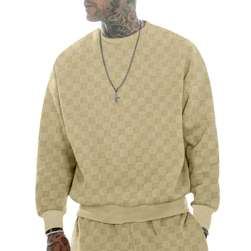 Cross-border men's clothing autumn and winter heavy jacquard checkerboard round neck casual bottoming shirt knitted long sleeves