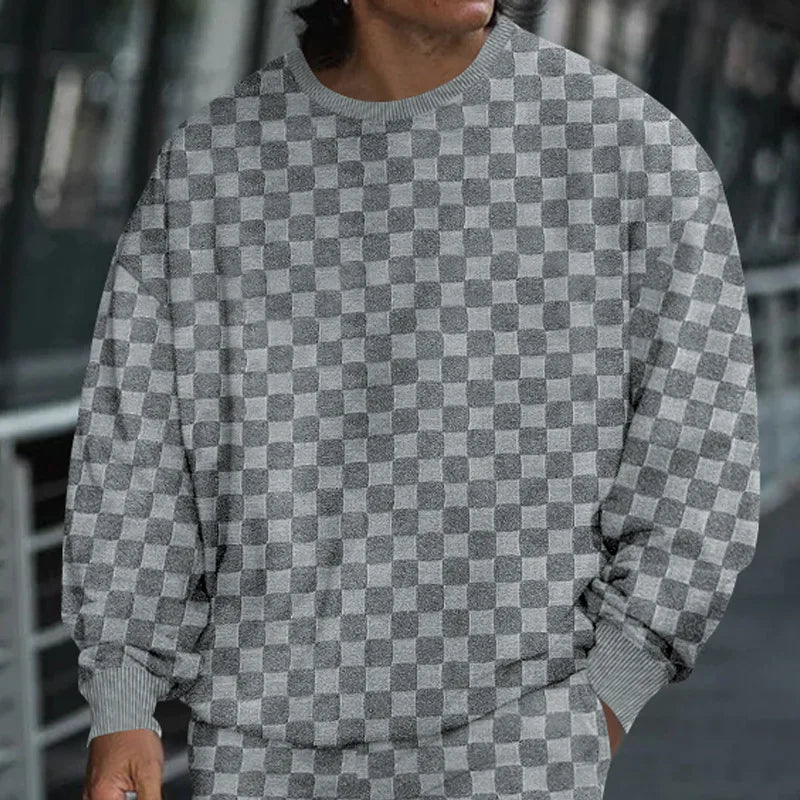 Cross-border men's clothing autumn and winter heavy jacquard checkerboard round neck casual bottoming shirt knitted long sleeves
