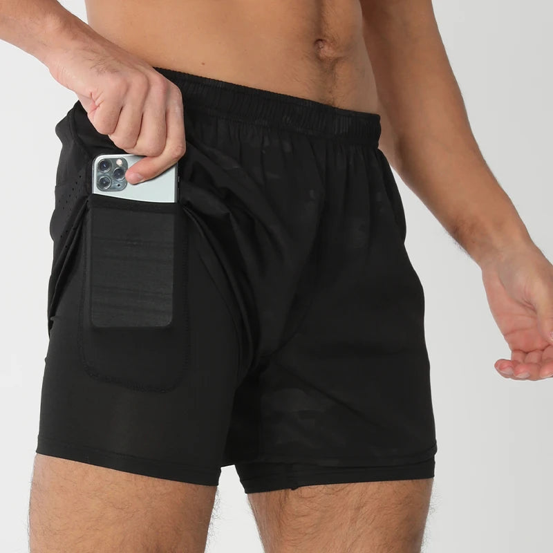 Men's Running Shorts Quick-drying Fitness Black Double Layer Shorts Men New Sport Workout Training Bodybuilding Short Pants