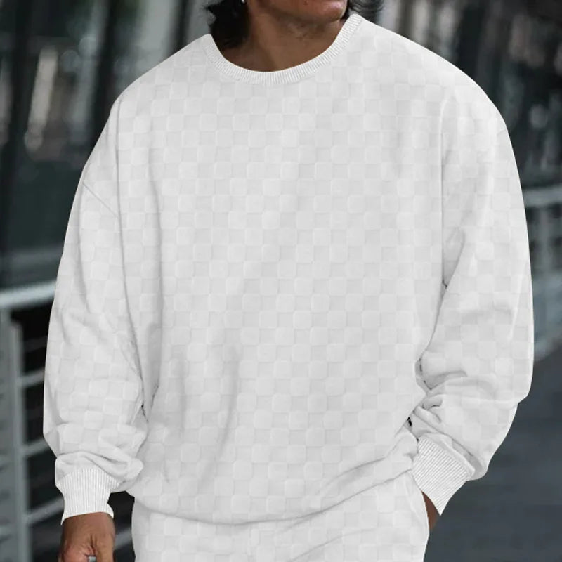 Cross-border men's clothing autumn and winter heavy jacquard checkerboard round neck casual bottoming shirt knitted long sleeves