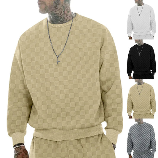 Cross-border men's clothing autumn and winter heavy jacquard checkerboard round neck casual bottoming shirt knitted long sleeves