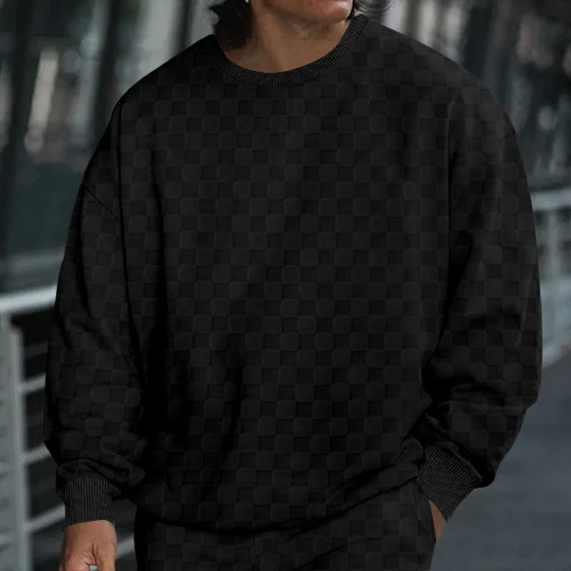 Cross-border men's clothing autumn and winter heavy jacquard checkerboard round neck casual bottoming shirt knitted long sleeves