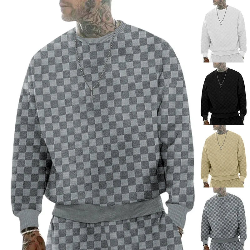 Cross-border men's clothing autumn and winter heavy jacquard checkerboard round neck casual bottoming shirt knitted long sleeves