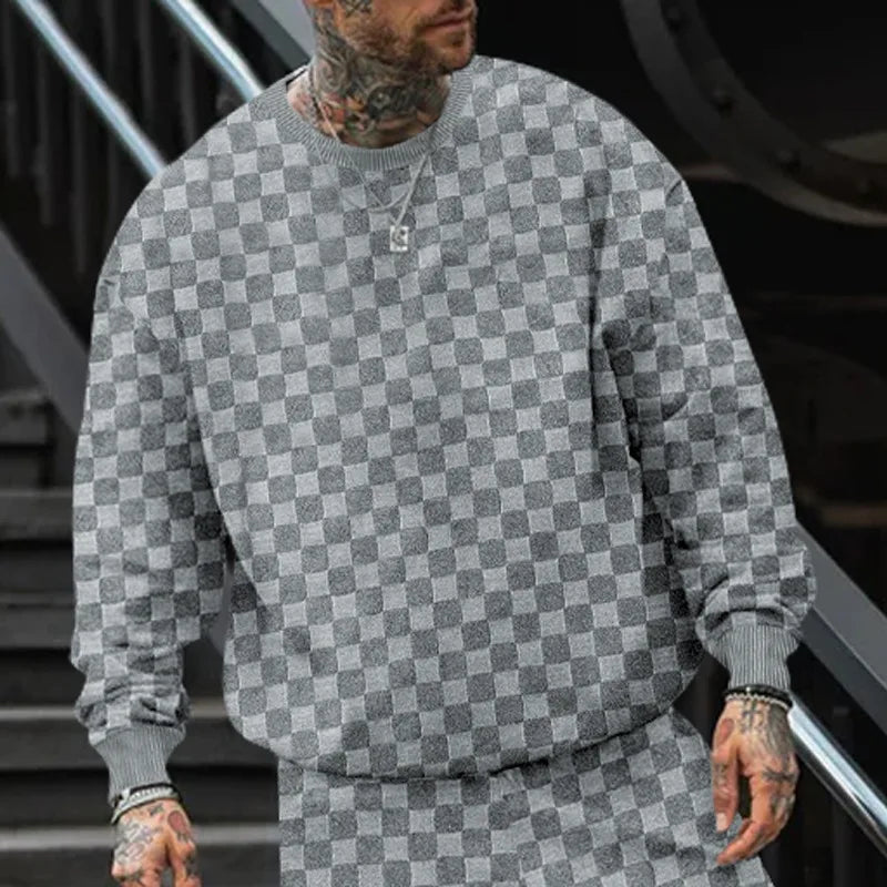Cross-border men's clothing autumn and winter heavy jacquard checkerboard round neck casual bottoming shirt knitted long sleeves