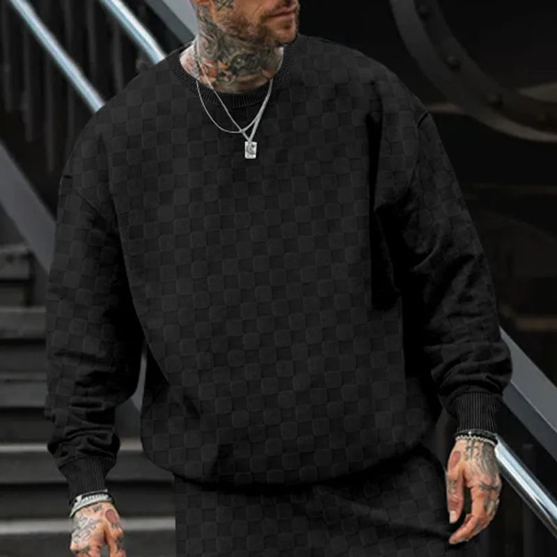 Cross-border men's clothing autumn and winter heavy jacquard checkerboard round neck casual bottoming shirt knitted long sleeves