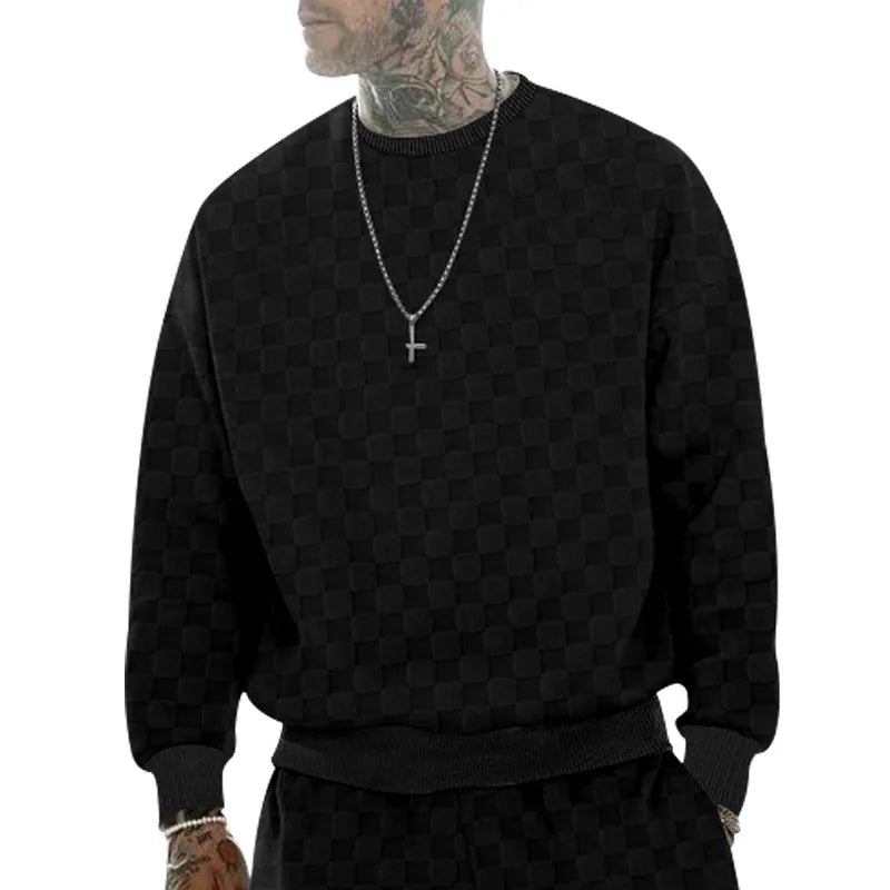 Cross-border men's clothing autumn and winter heavy jacquard checkerboard round neck casual bottoming shirt knitted long sleeves