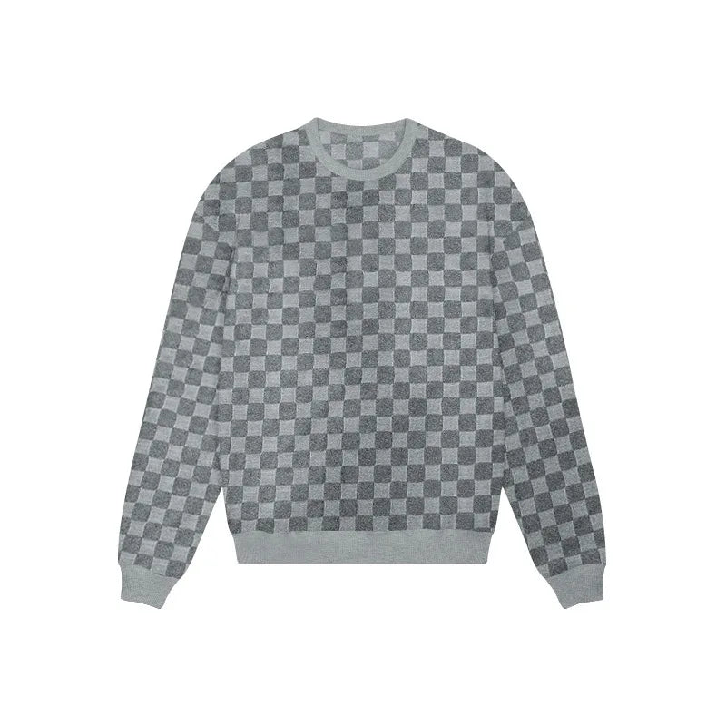 Cross-border men's clothing autumn and winter heavy jacquard checkerboard round neck casual bottoming shirt knitted long sleeves