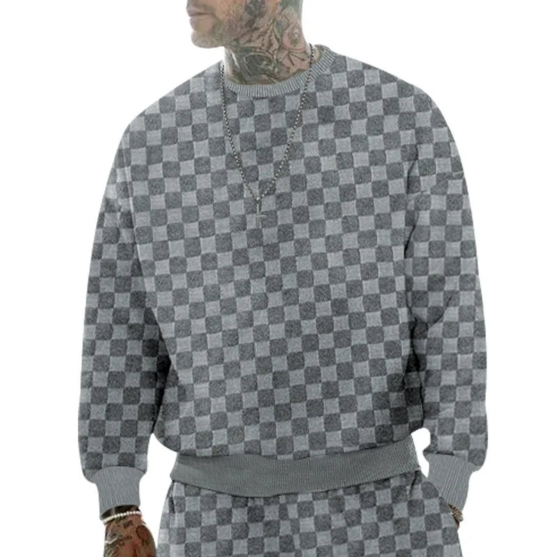 Cross-border men's clothing autumn and winter heavy jacquard checkerboard round neck casual bottoming shirt knitted long sleeves