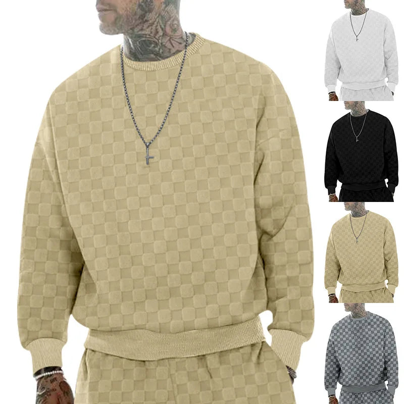 Cross-border men's clothing autumn and winter heavy jacquard checkerboard round neck casual bottoming shirt knitted long sleeves