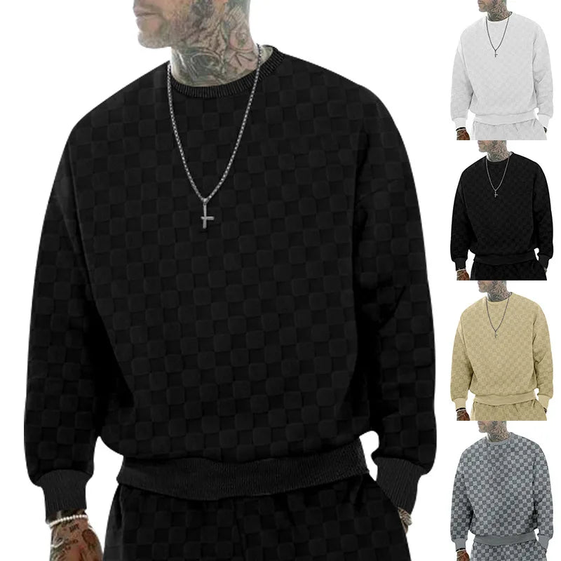 Cross-border men's clothing autumn and winter heavy jacquard checkerboard round neck casual bottoming shirt knitted long sleeves