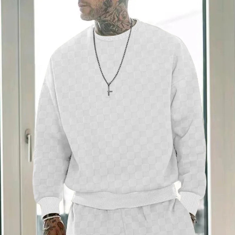 Cross-border men's clothing autumn and winter heavy jacquard checkerboard round neck casual bottoming shirt knitted long sleeves