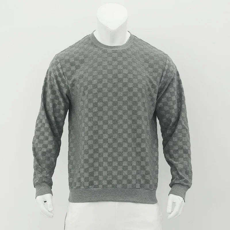 Cross-border men's clothing autumn and winter heavy jacquard checkerboard round neck casual bottoming shirt knitted long sleeves