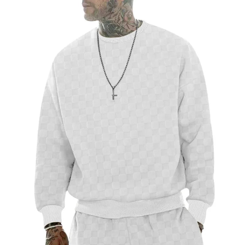 Cross-border men's clothing autumn and winter heavy jacquard checkerboard round neck casual bottoming shirt knitted long sleeves