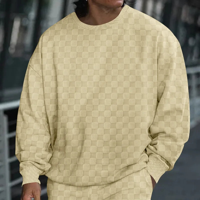 Cross-border men's clothing autumn and winter heavy jacquard checkerboard round neck casual bottoming shirt knitted long sleeves