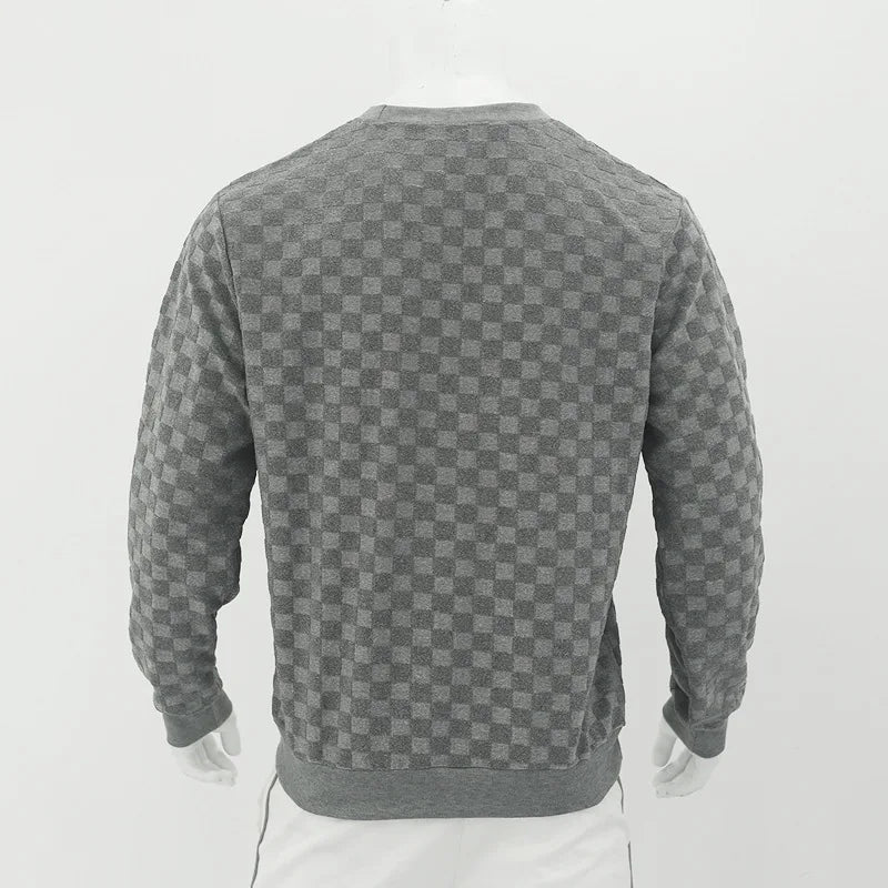 Cross-border men's clothing autumn and winter heavy jacquard checkerboard round neck casual bottoming shirt knitted long sleeves
