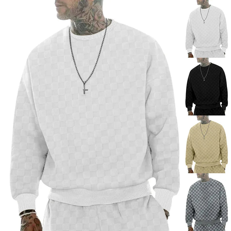 Cross-border men's clothing autumn and winter heavy jacquard checkerboard round neck casual bottoming shirt knitted long sleeves