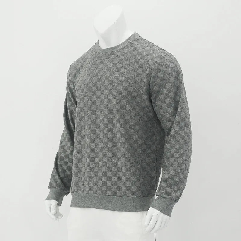 Cross-border men's clothing autumn and winter heavy jacquard checkerboard round neck casual bottoming shirt knitted long sleeves
