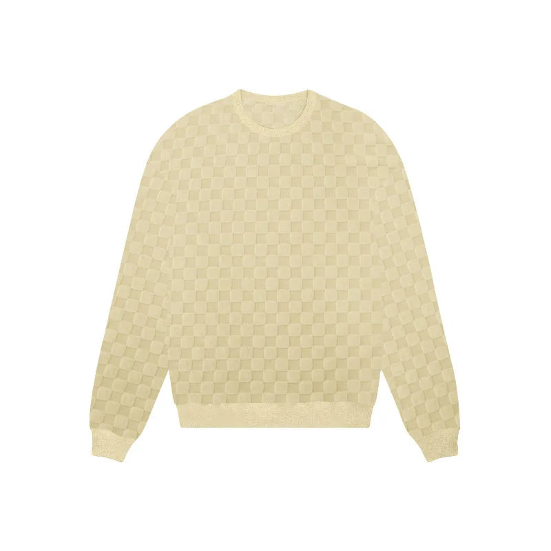 Cross-border men's clothing autumn and winter heavy jacquard checkerboard round neck casual bottoming shirt knitted long sleeves
