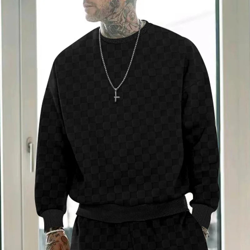 Cross-border men's clothing autumn and winter heavy jacquard checkerboard round neck casual bottoming shirt knitted long sleeves