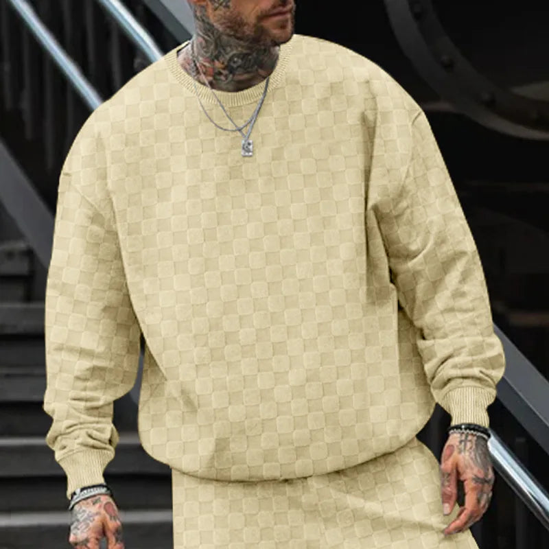 Cross-border men's clothing autumn and winter heavy jacquard checkerboard round neck casual bottoming shirt knitted long sleeves
