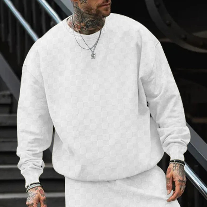 Cross-border men's clothing autumn and winter heavy jacquard checkerboard round neck casual bottoming shirt knitted long sleeves