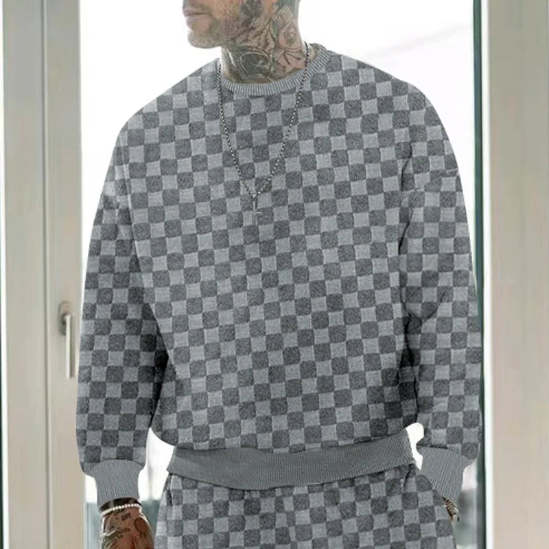Cross-border men's clothing autumn and winter heavy jacquard checkerboard round neck casual bottoming shirt knitted long sleeves