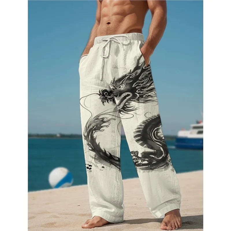 2025 New men's Casual Pants Dragon 3D Printed Casual Pants Loose Straight Elastic Polyester Summer Beach Pants S-5XL