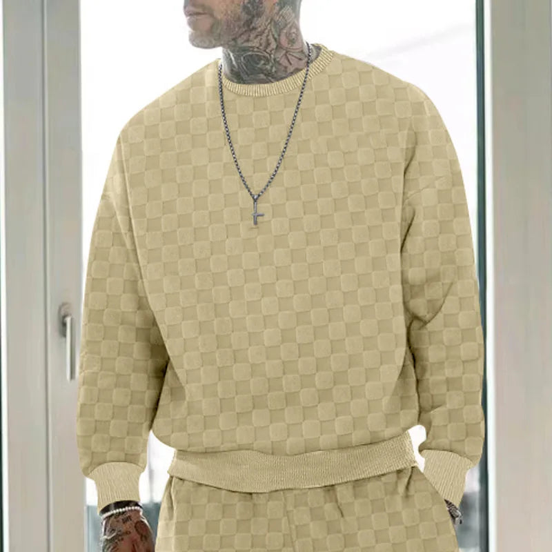 Cross-border men's clothing autumn and winter heavy jacquard checkerboard round neck casual bottoming shirt knitted long sleeves